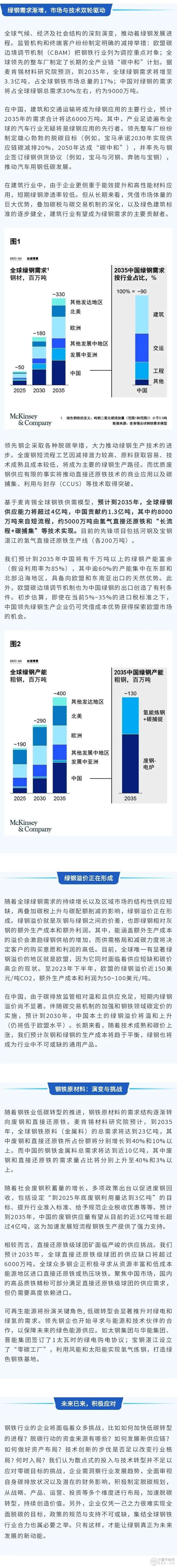 麦肯锡：2035年中国将有8000万吨短流程、5000万吨由氢气直接还原铁和“长流程+碳捕集”等技术路径的钢产量